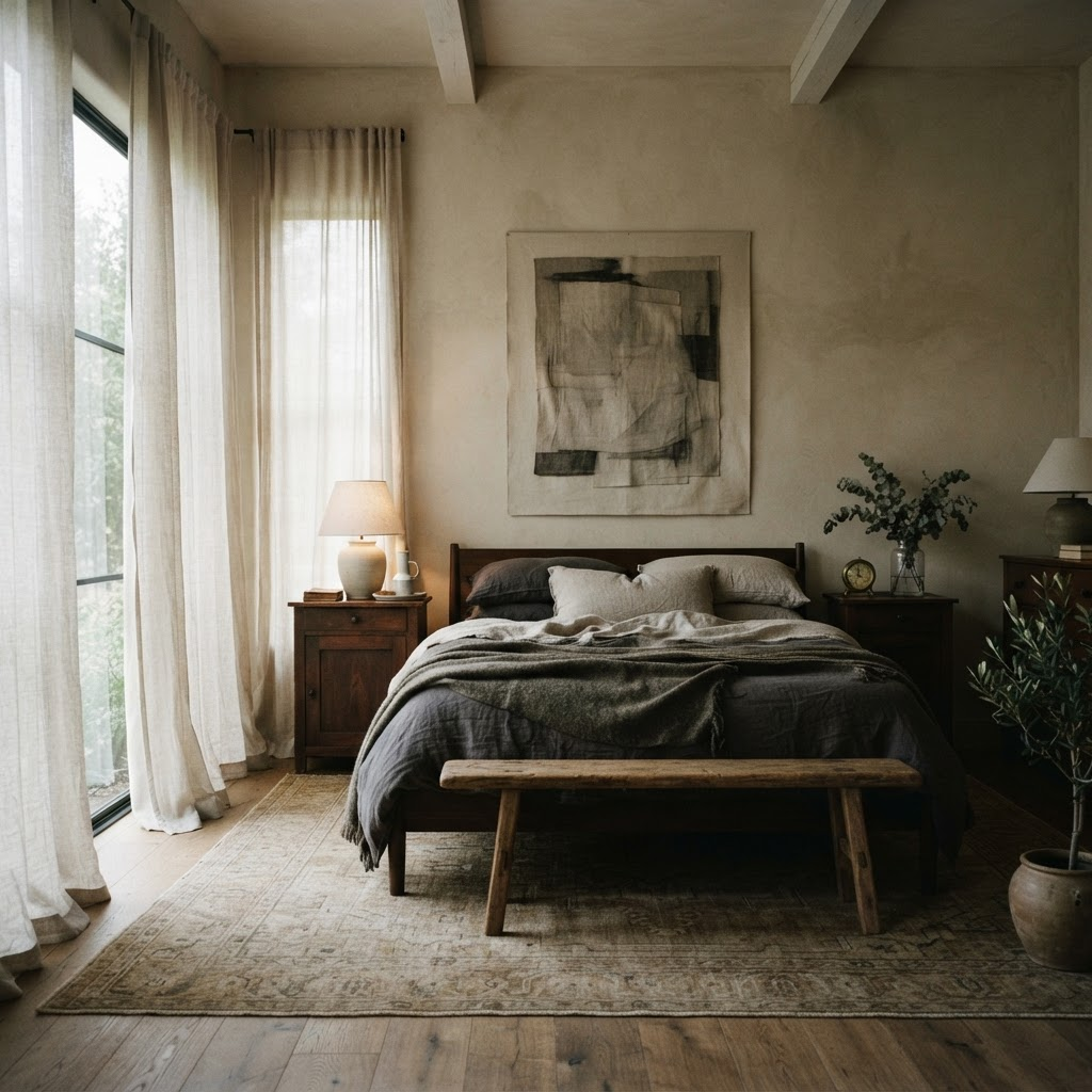 Serene master bedroom with linen bedding and warm natural light