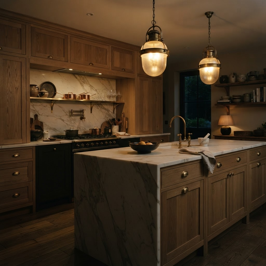 Luxury kitchen interior with brass hardware and marble countertops